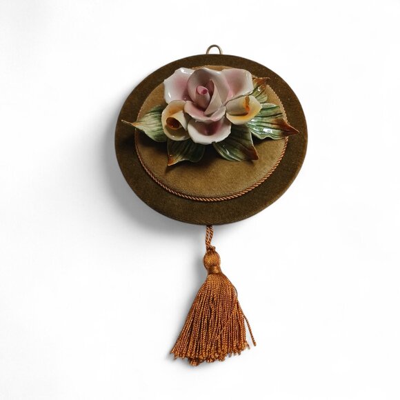 Vintage Capodimonte Style Porcelain Flower Wall Art with Gold Velvet and Tassel - Picture 2 of 13